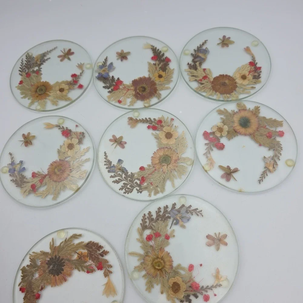 Vintage Pressed Wild Flower Coasters Set Of 8 Boho Cottage Core 4